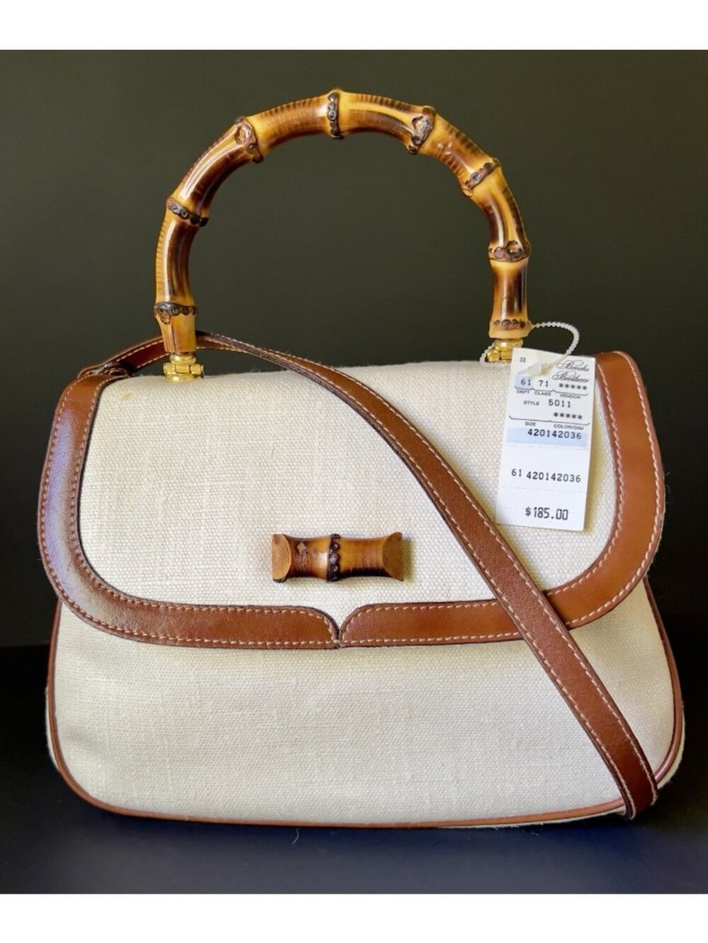 Vtg Brooks Brothers NWT Bamboo Handle Linen Leather Crossbody Satchel Bag Italy